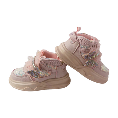 “Flutter Dreamer Glittered High-Ankle Sneakers – Pink|2382-Pink