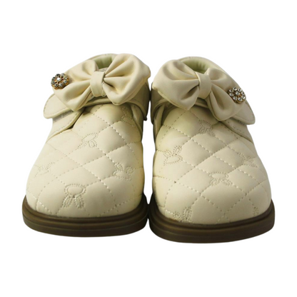 "White Quilted Bow Shoes with Rhinestone"|2338-WHT