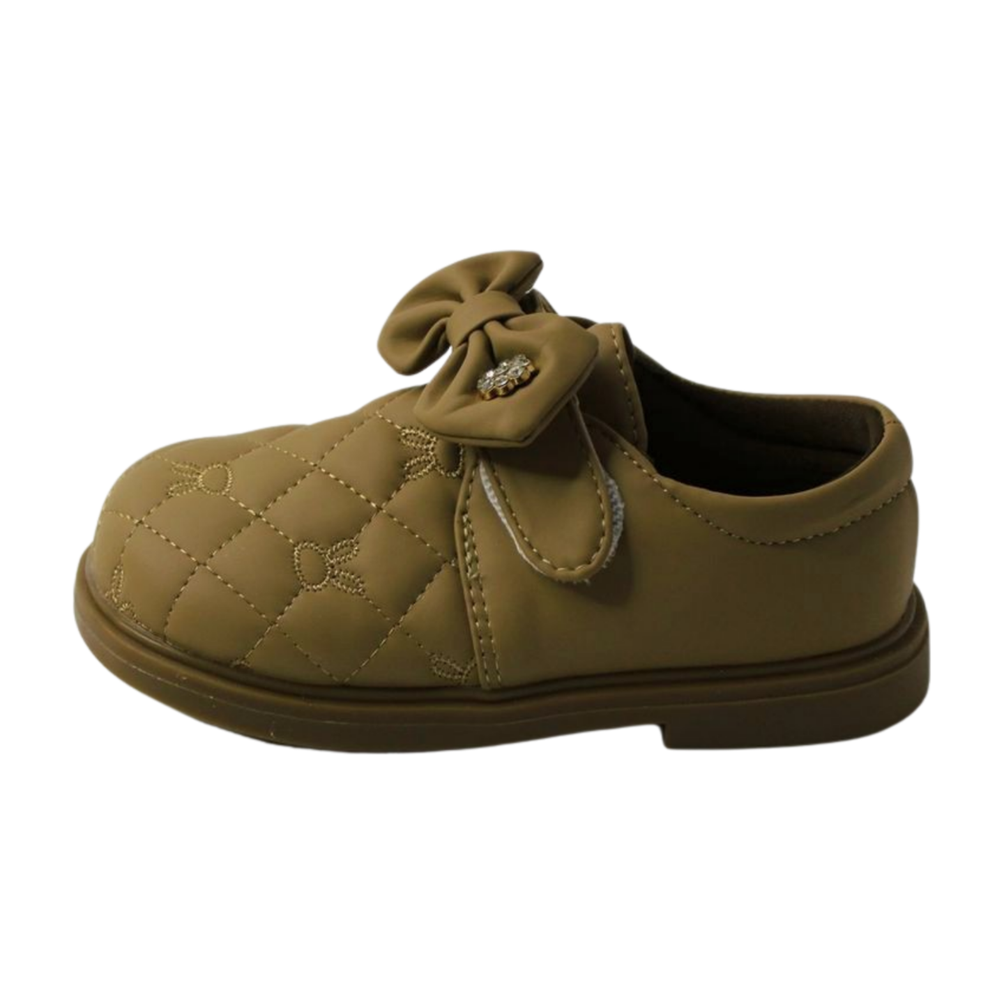 “Brown Quilted Bow Shoes with Rhinestone”|2338-KHAKI