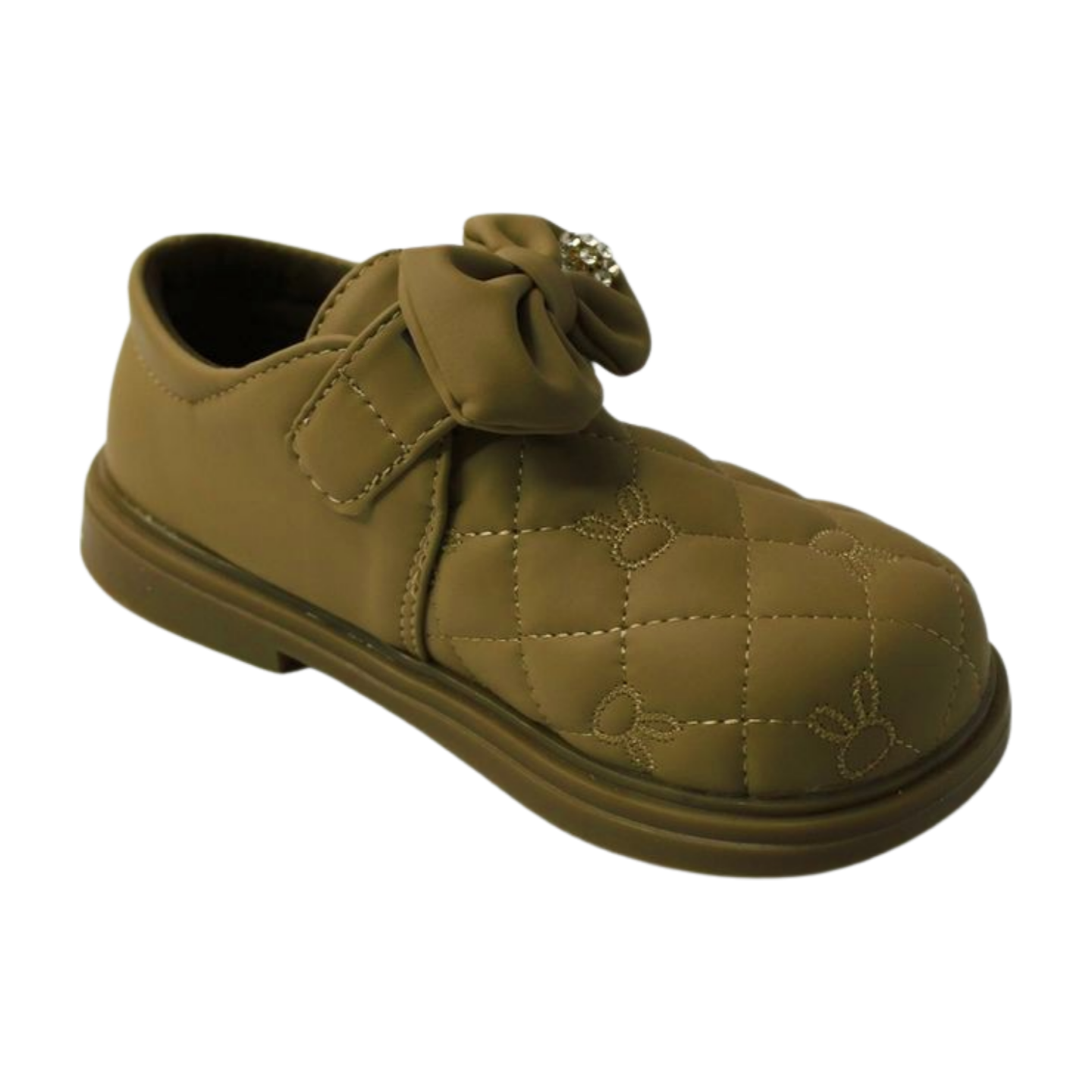 “Brown Quilted Bow Shoes with Rhinestone”|2338-KHAKI