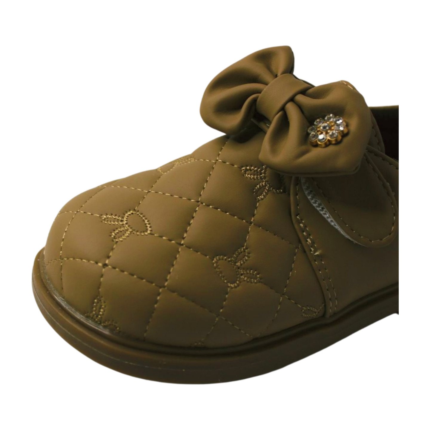 “Brown Quilted Bow Shoes with Rhinestone”|2338-KHAKI