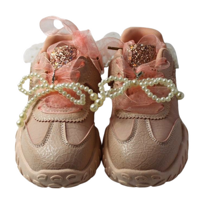 “Princess Aurora Pink Velcro Sneakers – Glitter Star & Pearl Bow”|6158-PINK