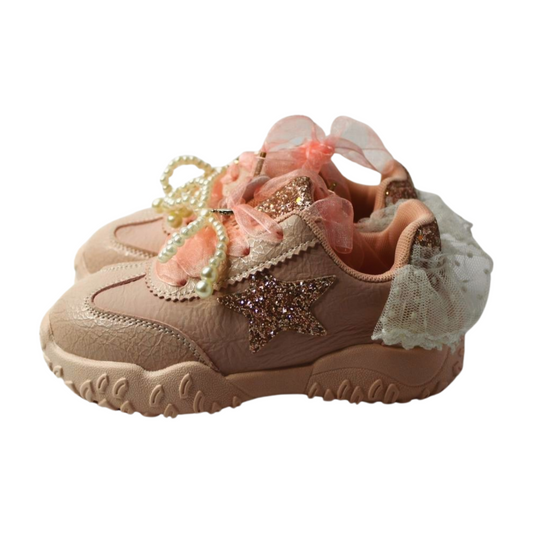 “Princess Aurora Pink Velcro Sneakers – Glitter Star & Pearl Bow”|6158-PINK