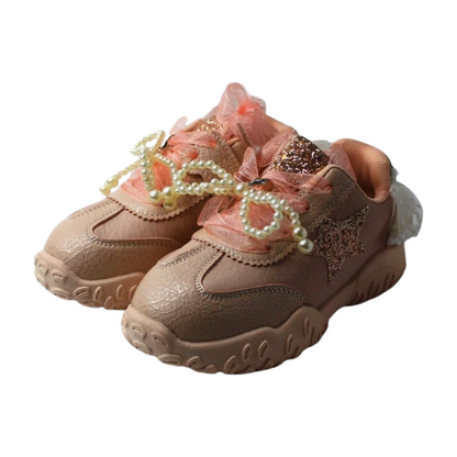 “Princess Aurora Pink Velcro Sneakers – Glitter Star & Pearl Bow”|6158-PINK