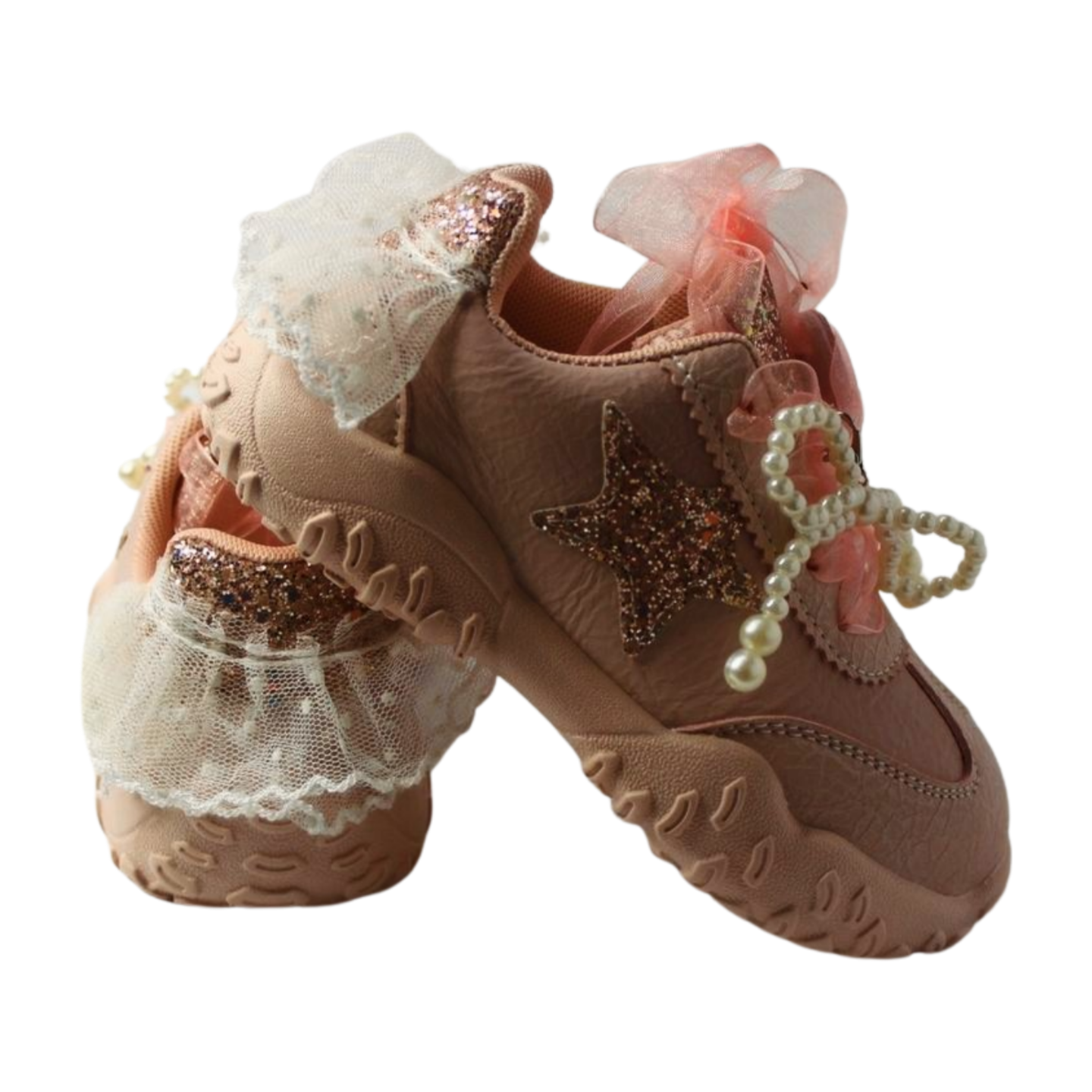“Princess Aurora Pink Velcro Sneakers – Glitter Star & Pearl Bow”|6158-PINK