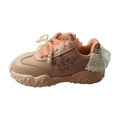 “Princess Aurora Pink Velcro Sneakers – Glitter Star & Pearl Bow”|6158-PINK