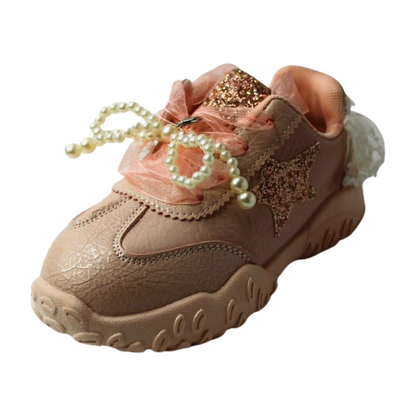 “Princess Aurora Pink Velcro Sneakers – Glitter Star & Pearl Bow”|6158-PINK