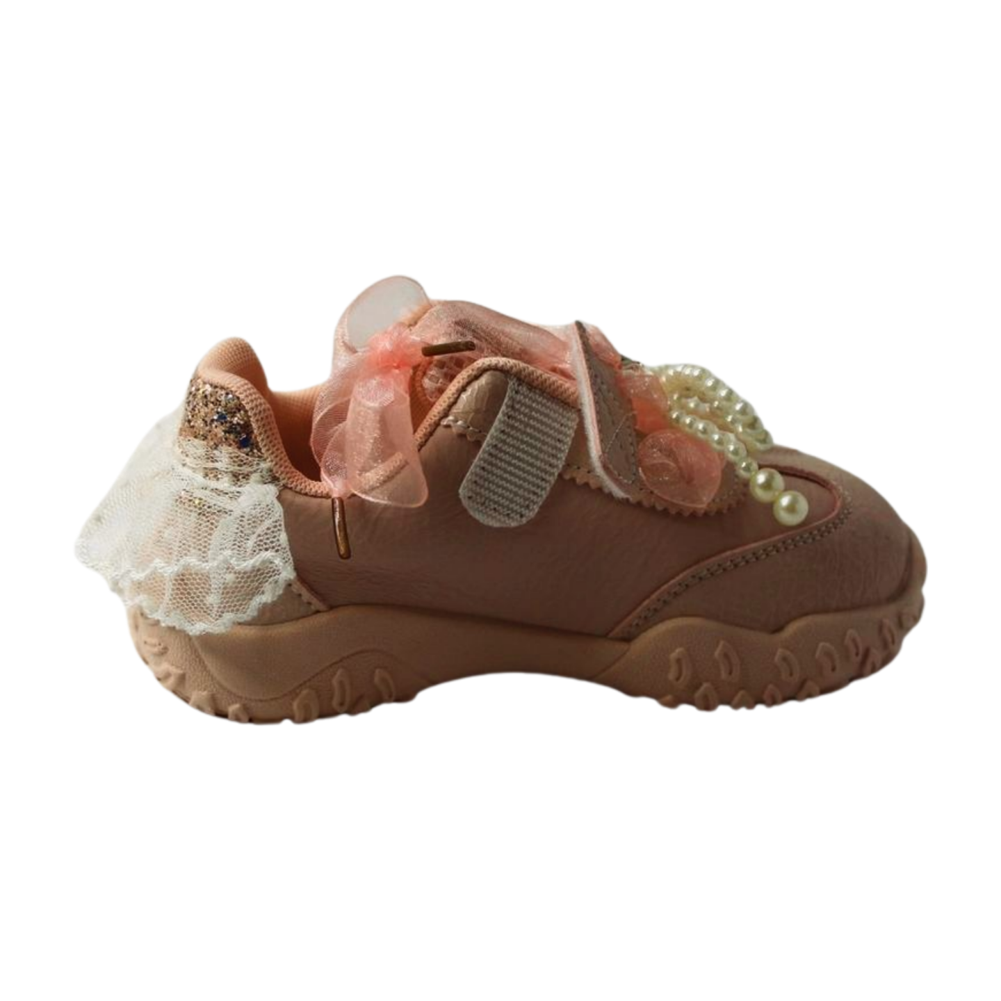 “Princess Aurora Pink Velcro Sneakers – Glitter Star & Pearl Bow”|6158-PINK