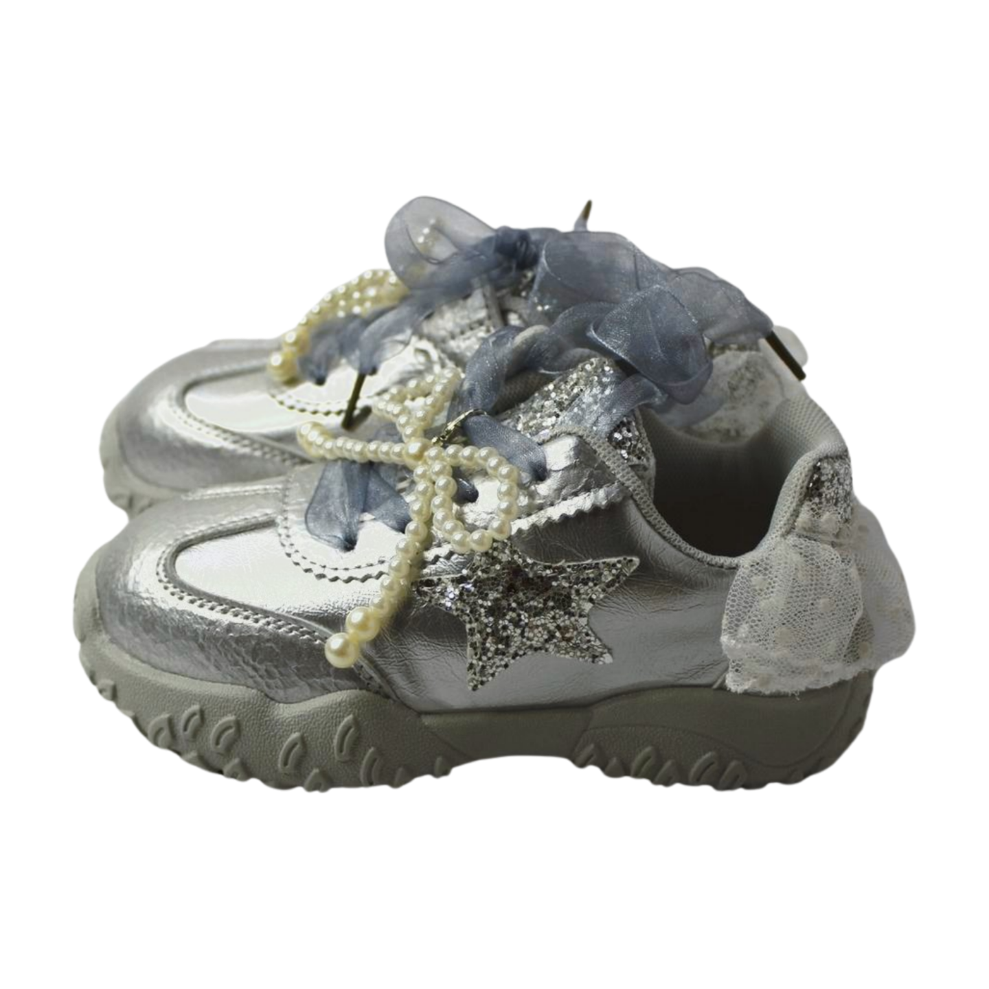 “Princess Aurora Silver Velcro Sneakers – Glitter Star & Pearl Bow”|6158-silver