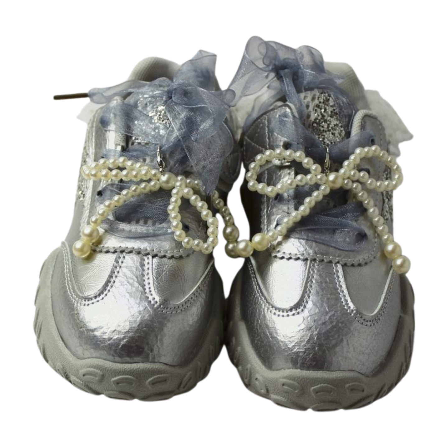 “Princess Aurora Silver Velcro Sneakers – Glitter Star & Pearl Bow”|6158-silver