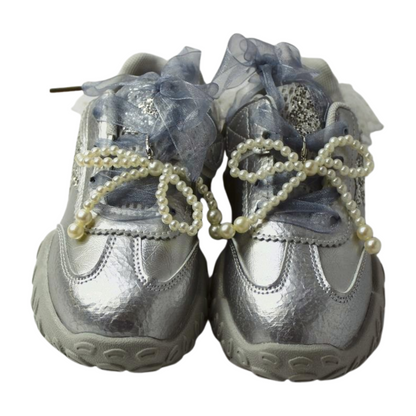 “Princess Aurora Silver Velcro Sneakers – Glitter Star & Pearl Bow”|6158-silver