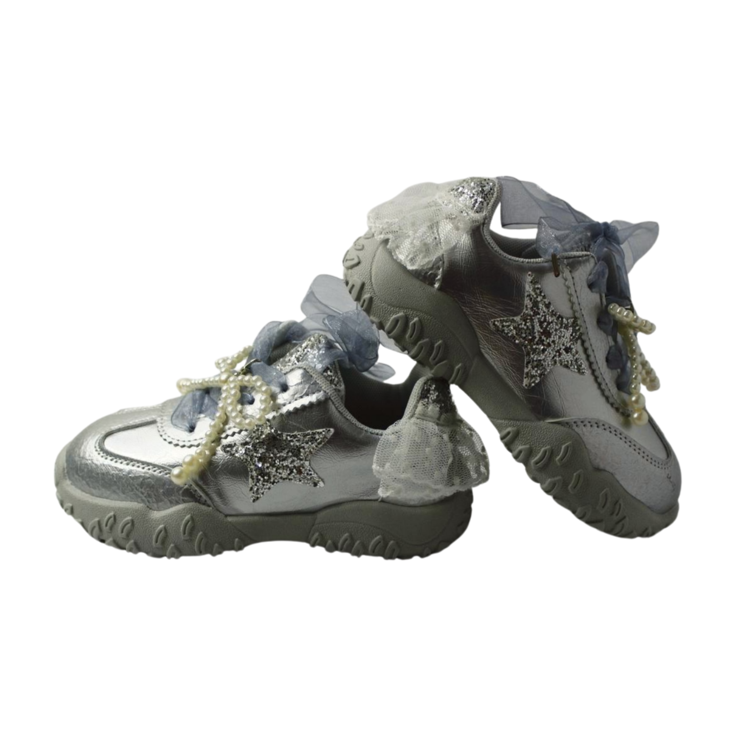 “Princess Aurora Silver Velcro Sneakers – Glitter Star & Pearl Bow”|6158-silver
