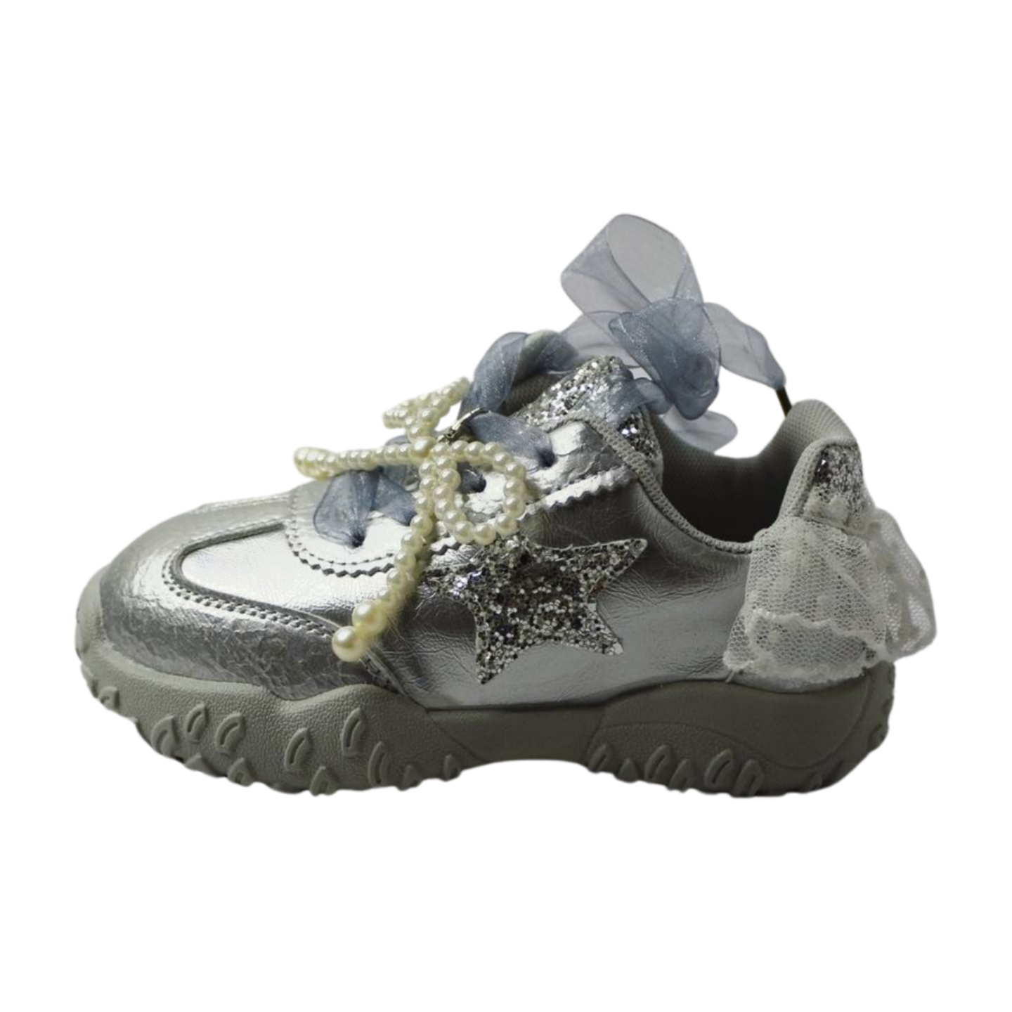 “Princess Aurora Silver Velcro Sneakers – Glitter Star & Pearl Bow”|6158-silver