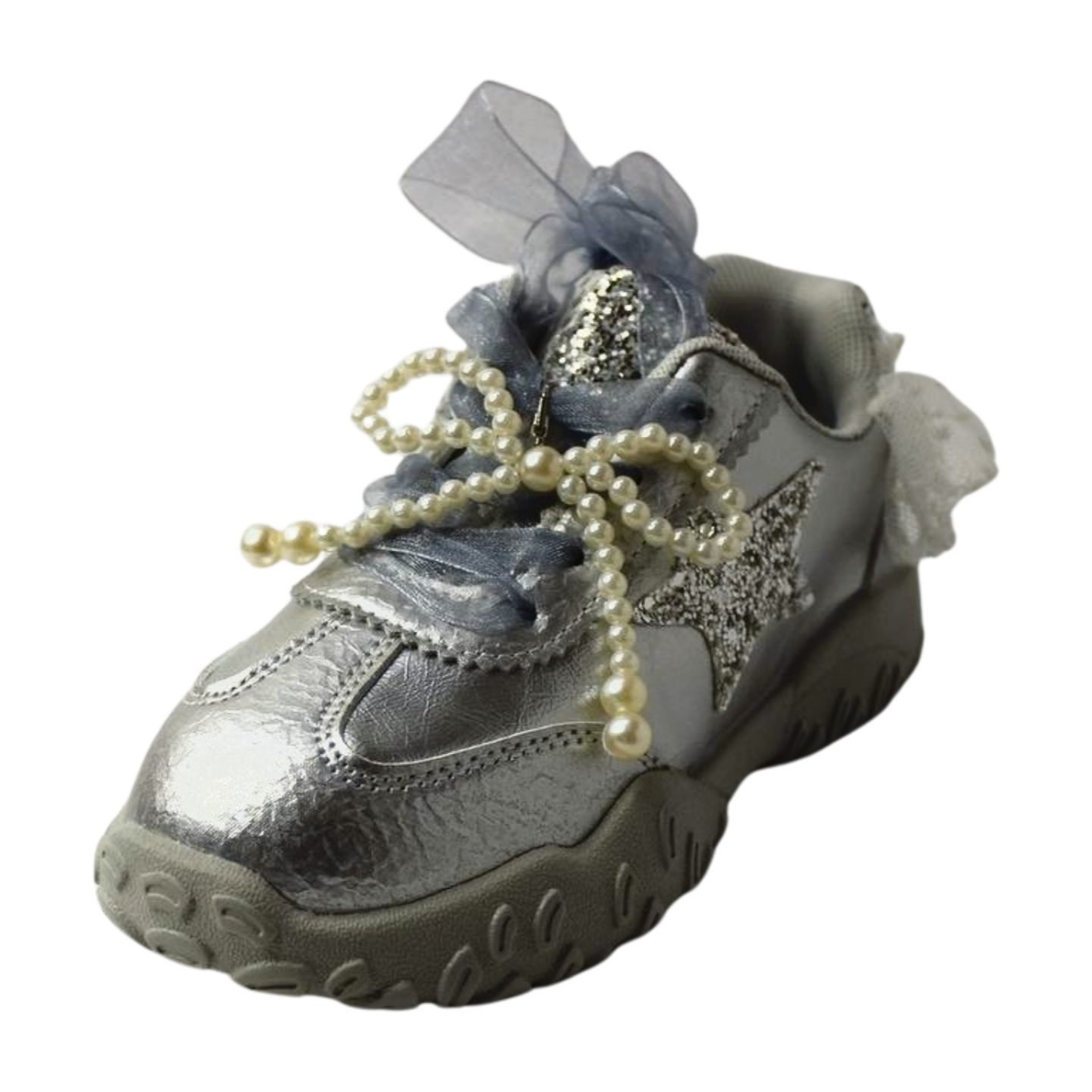 “Princess Aurora Silver Velcro Sneakers – Glitter Star & Pearl Bow”|6158-silver