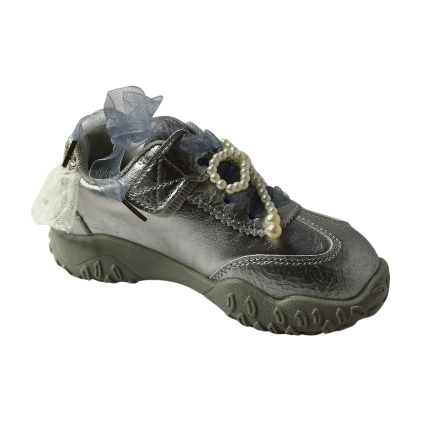 “Princess Aurora Silver Velcro Sneakers – Glitter Star & Pearl Bow”|6158-silver
